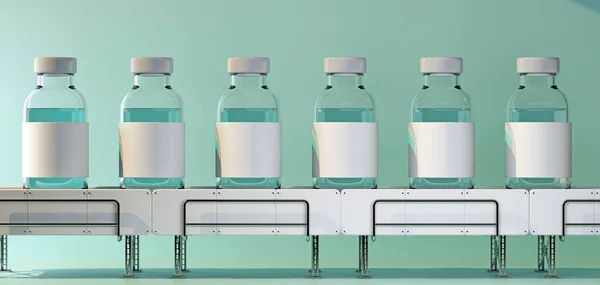 row of medical bottles on a conveyor. 3d rendering