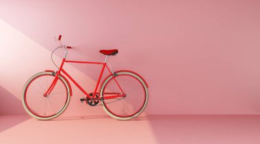 Pembe duvar manzaralı kırmızı bisiklet. 3d oluşturma