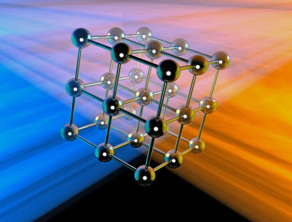 Estrutura Molecular Cubo Metal Raios Luz Laranja Azul Renderização — Fotografia de Stock