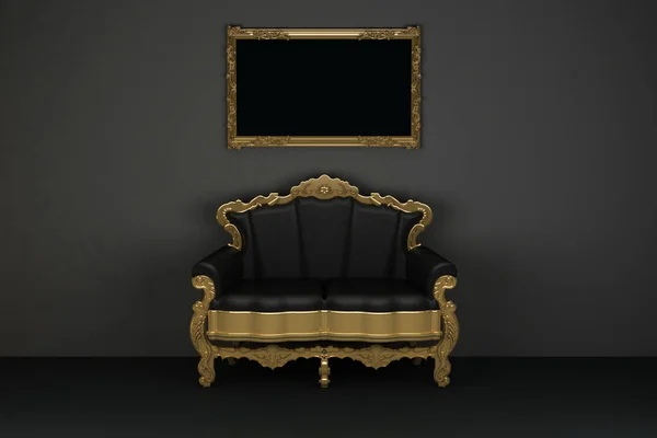 Luxury Black Leather Two Seater Sofa Gold Picture Frame Rendering — Stock Photo, Image