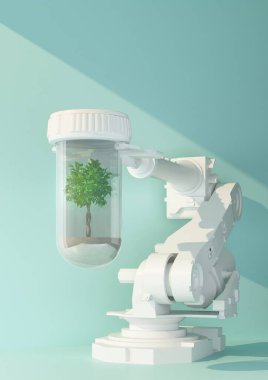 Konsept robotik kol kapsülü ile ağaç tutma. 3d oluşturma