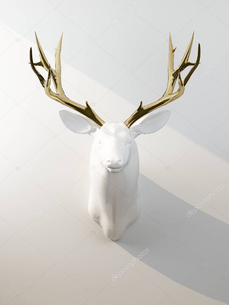 deer head with golden antlers on the wall. 3d rendering