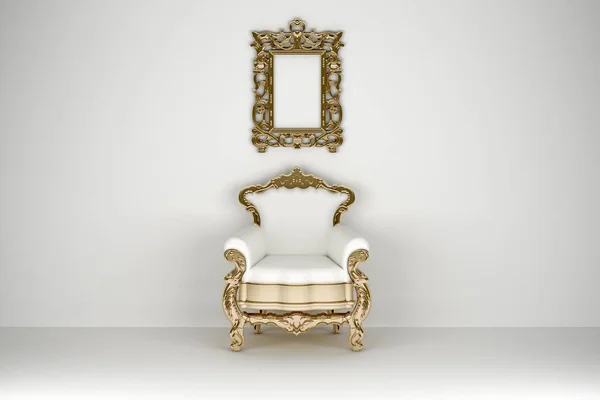 Luxury White Armchair Gold Rim Picture Frame Front View Rendering — Stock Photo, Image