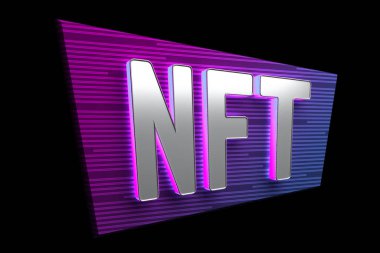 Siyahta izole edilmiş NFT kelimesiyle imzalayın. 3d oluşturma
