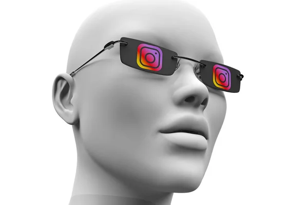 Testa Senza Volto Umano Con Occhiali Sul Logo Instagram Rendering — Foto Stock