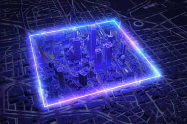Neon Meydanı, Dark City hava manzaralı. 3d oluşturma