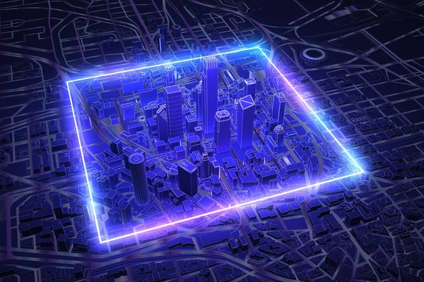 霓虹灯广场 笼罩在黑暗的城市空中 3D渲染 — 图库照片