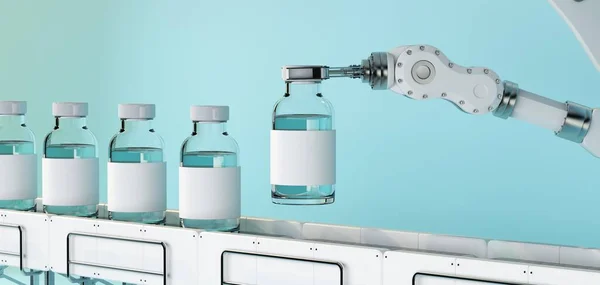 Brazo Robot Pone Vacuna Médica Transportadora Renderizado — Foto de Stock