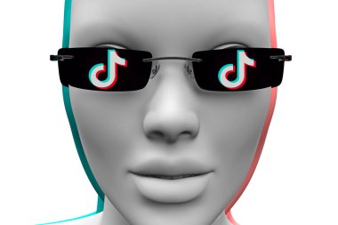Tik tok logosunda gözlüklü meçhul insan kafası. 3d oluşturma