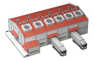 Manzaranın üstündeki deponun çatısında klimalar var. 3d oluşturma