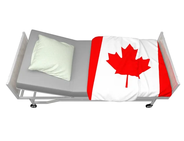 Cama Hospital Con Bandera Canadá Aislada Blanco Renderizado — Foto de Stock