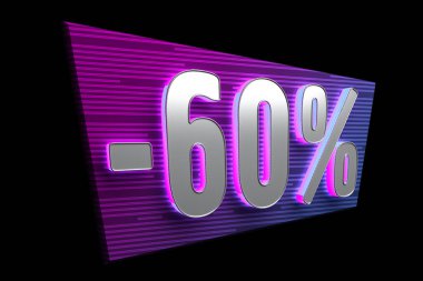 neon card 60 percent discount on black. 3d rendering