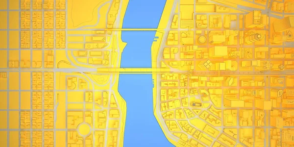 黄色的平原低矮的多线框现代市中心与河流的顶部景观 3D渲染 — 图库照片