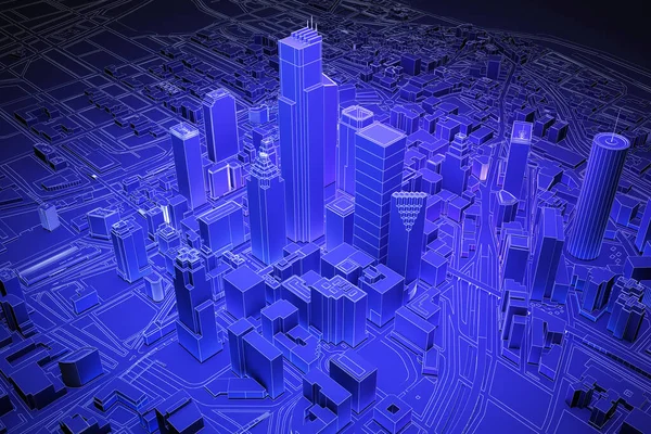 Blue Wireframe Low Poly City View Rendering — Fotografia de Stock