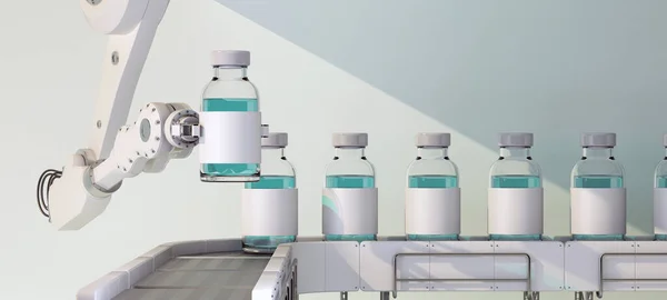 Braço Robô Coloca Vacina Médica Transportadora Renderização — Fotografia de Stock