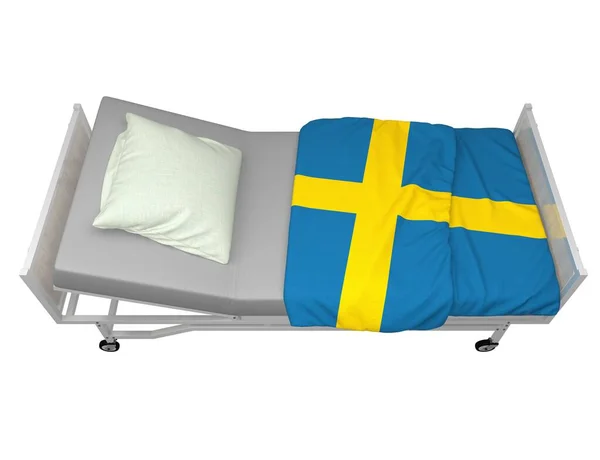 医院病床 瑞典国旗与白色隔离 3D渲染 — 图库照片
