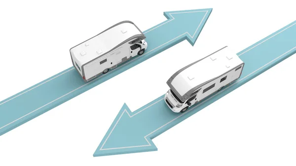 キャンプ車は白に隔離された矢印で移動します 3Dレンダリング — ストック写真