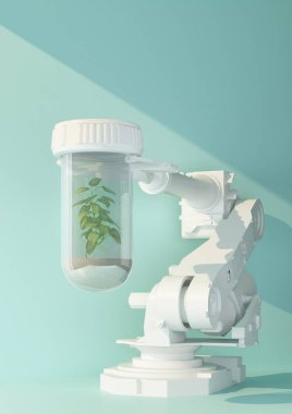 Bitkilerle dolu robotik kol kapsülü konsepti. 3d oluşturma