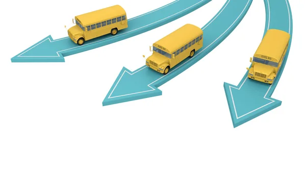 Шкільні Автобуси Йдуть Різних Напрямках Ізольовані Білому Фоні Візуалізація — стокове фото