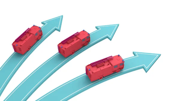 Três Carros Bombeiros Entram Diferentes Setas Isoladas Branco Acima Vista — Fotografia de Stock