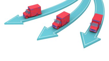 Üç kırmızı ambulans farklı yönlere gidiyor. Üst taraftaki beyaz alanda izole edilmiş. 3d oluşturma