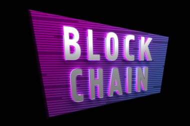 Siyah üzerine izole edilmiş blok zinciri sözcüğüyle imzalayın. 3d oluşturma