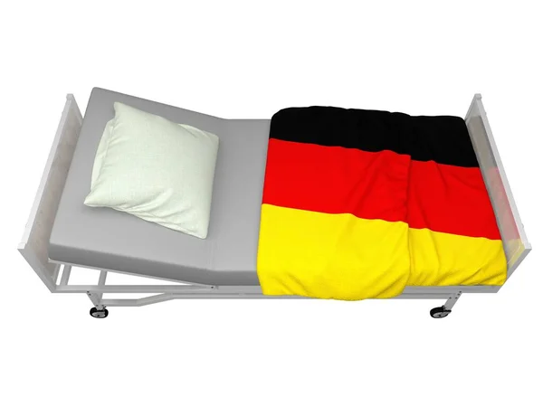 Ziekenhuisbed Met Duitse Vlag Geïsoleerd Wit Destructie — Stockfoto