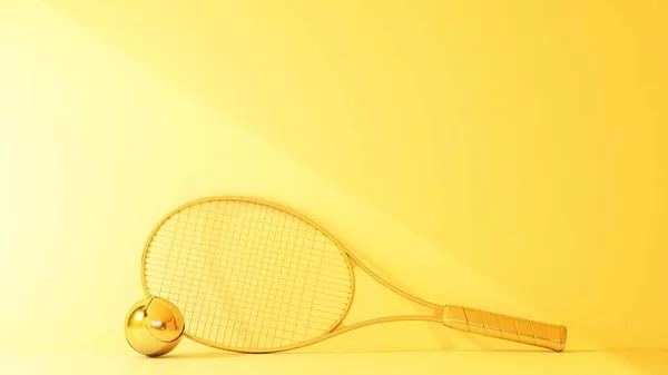 Raqueta Tenis Dorada Pelota Con Espacio Para Copiar Renderizado — Foto de Stock