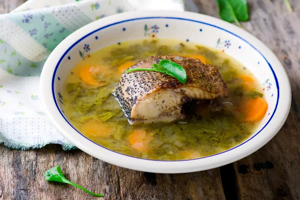 Minestra con un'acetosa e un pesce. Focus selettivo . — Foto Stock