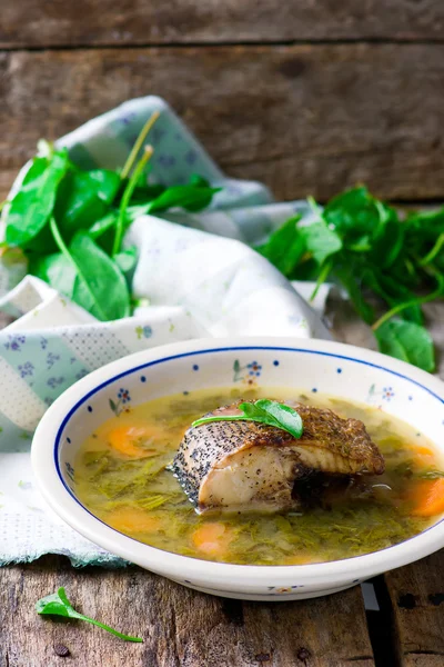 Soppa med ängssyra och fisk. Selektiv inriktning. — Stockfoto