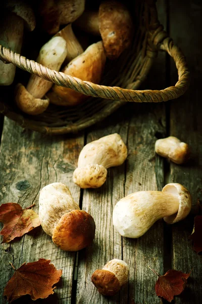 Cèpes dans un panier sur une vieille table en bois — Photo