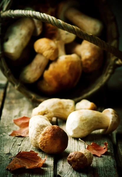 Cepes in a basket on an old wooden table — Stock Photo, Image