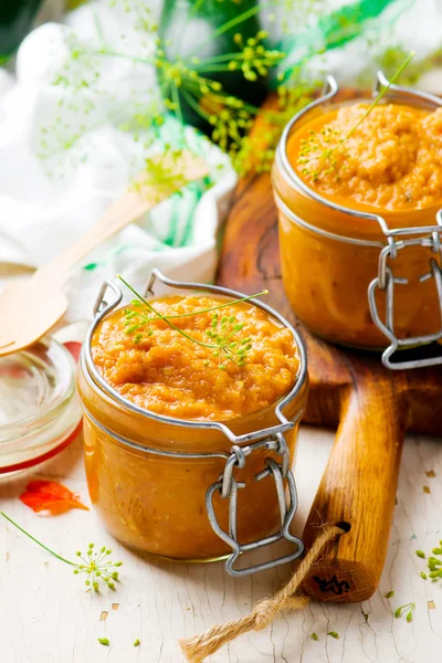 Marrow paste  in a glass jar. — Stock Photo, Image