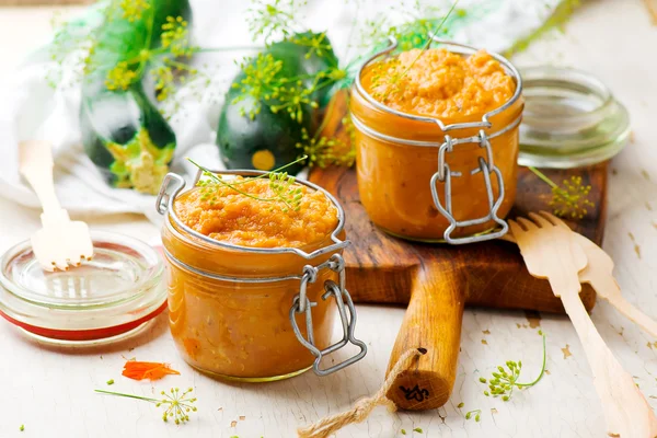 Marrow paste  in a glass jar. — Stock Photo, Image