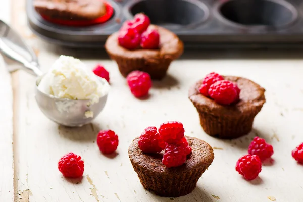 Bolo de chocolate com sorvete e framboesa . — Fotografia de Stock