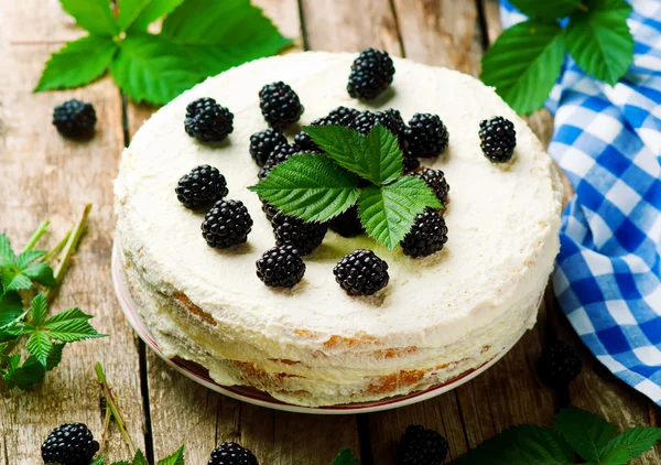 Pastel de miel con mora y crema batida . — Foto de Stock