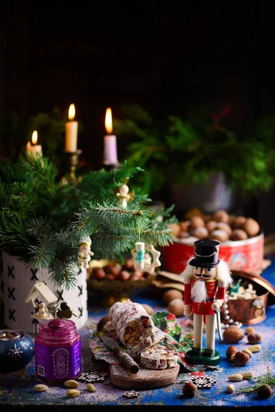 Christmas Chocolate Salami Christmas Rustic Background Style Rustic Selective Focus — Stock Photo, Image