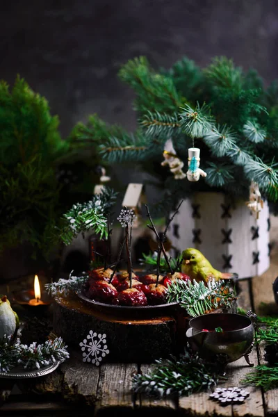 Cranberry Geglazuurde Kalkoen Gehaktballen Een Kerstdecor Selectieve Focus — Stockfoto