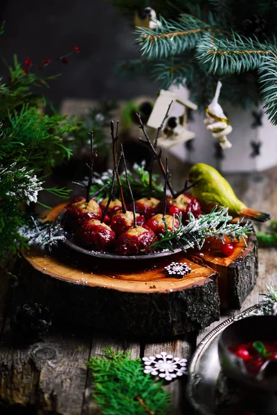 Cranberry Glazed Turkey Meatballs Christmas Decor Selective Focus — Stock Photo, Image