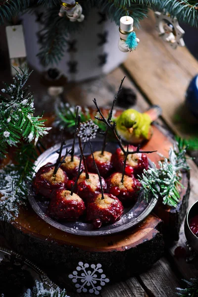 Cranberry Glazed Turkey Meatballs Christmas Decor Selective Focus — Stock Photo, Image