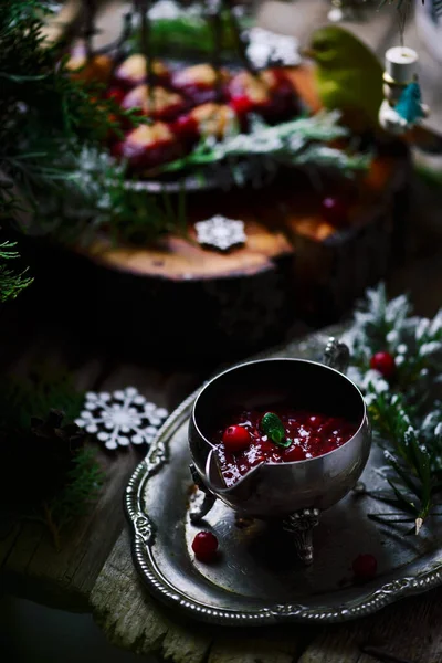 Cranberry Glazed Turkey Meatballs Christmas Decor Selective Focus — Stock Photo, Image