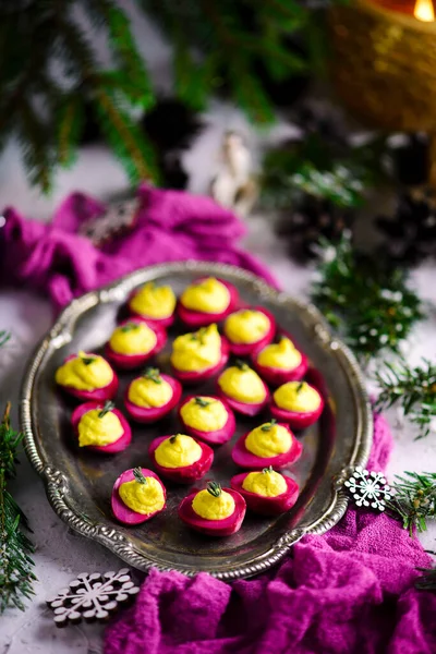 Beet Deviled Eggs New Year Table Style Rustic Selective Focus — Stock Photo, Image