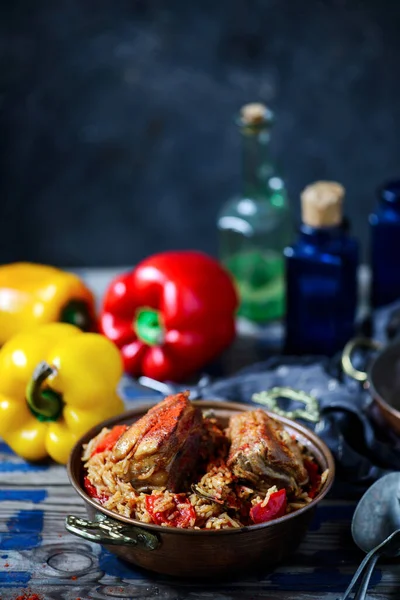 Costillas Cerdo Portuguesas Con Arroz Pimienta Style Rustic Selective Focus —  Fotos de Stock