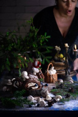 Noel arkaplanındaki YULE kütük pastası. Tarz kırsal. seçici odak