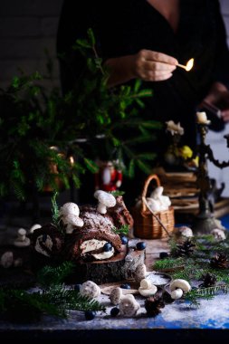 Noel arkaplanındaki YULE kütük pastası. Tarz kırsal. seçici odak