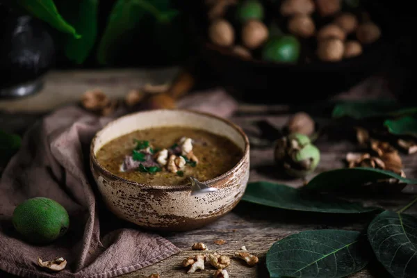 Minestra Tradizionale Georgiana Kharcho Style Rustic Selective Focus — Foto Stock