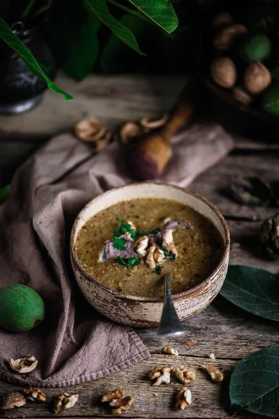 Minestra Tradizionale Georgiana Kharcho Style Rustic Selective Focus — Foto Stock