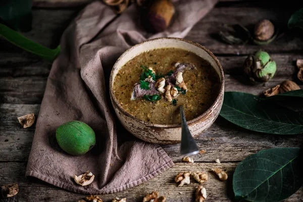 Soupe Traditionnelle Géorgienne Kharcho Style Rustic Selective Focus — Photo