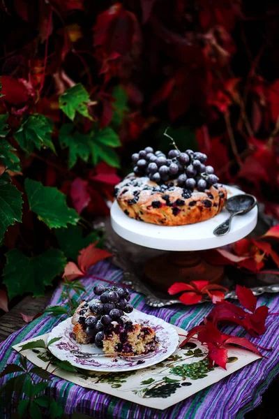 Hroznový Podzimní Dort Podzimní Výzdobou Style Rustic Selektivní Zaměření — Stock fotografie