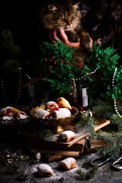Kerst Kersenkoekjes Een Rustieke Achtergrond Stijl Rustiek Selectieve Focus — Stockfoto